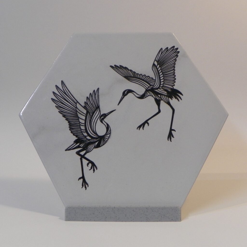 Engraved Crane Birds on Hexagon Tile